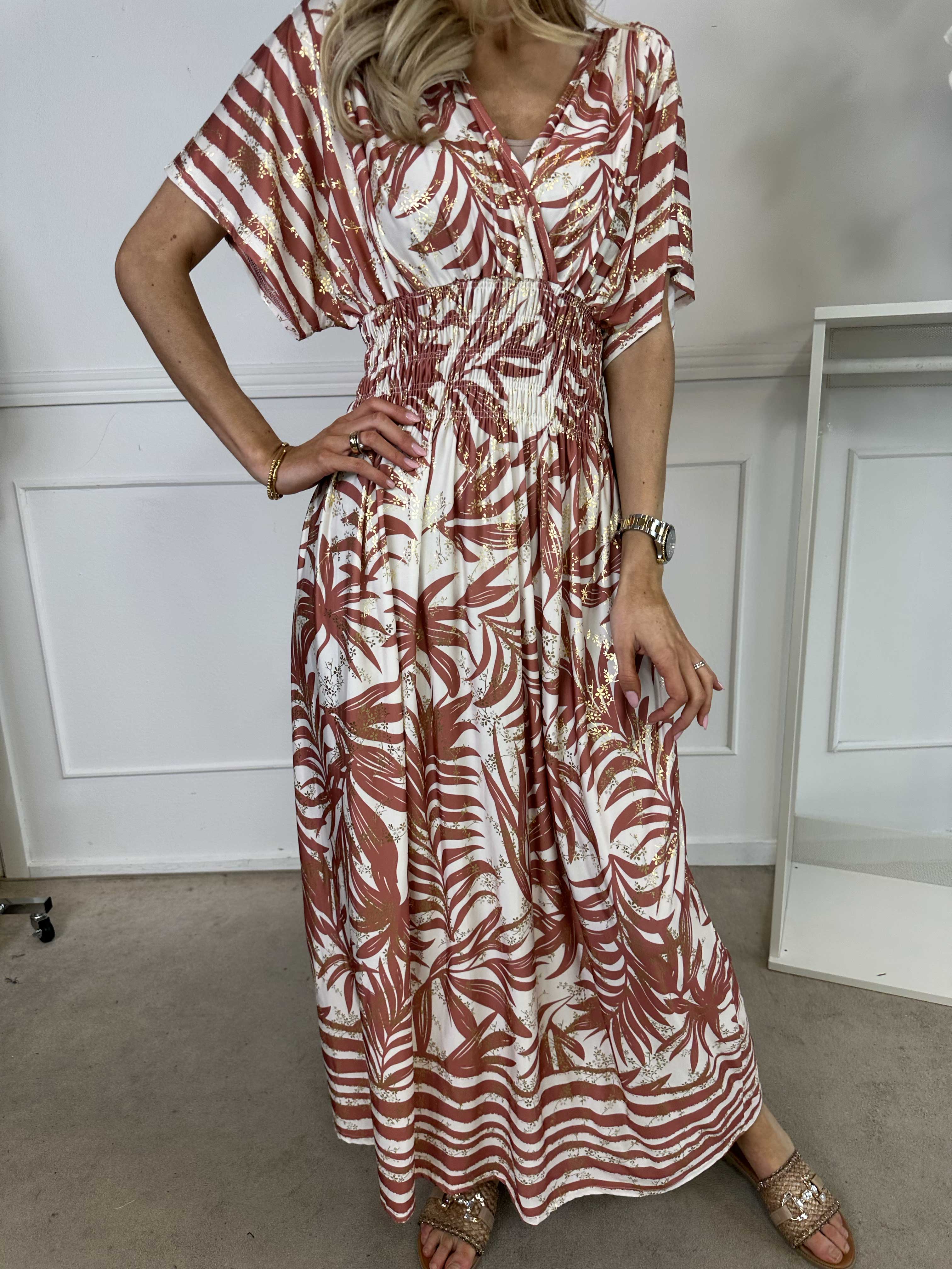 Pams Palm - Lång elastisk klänning med palmblad och smockad midja